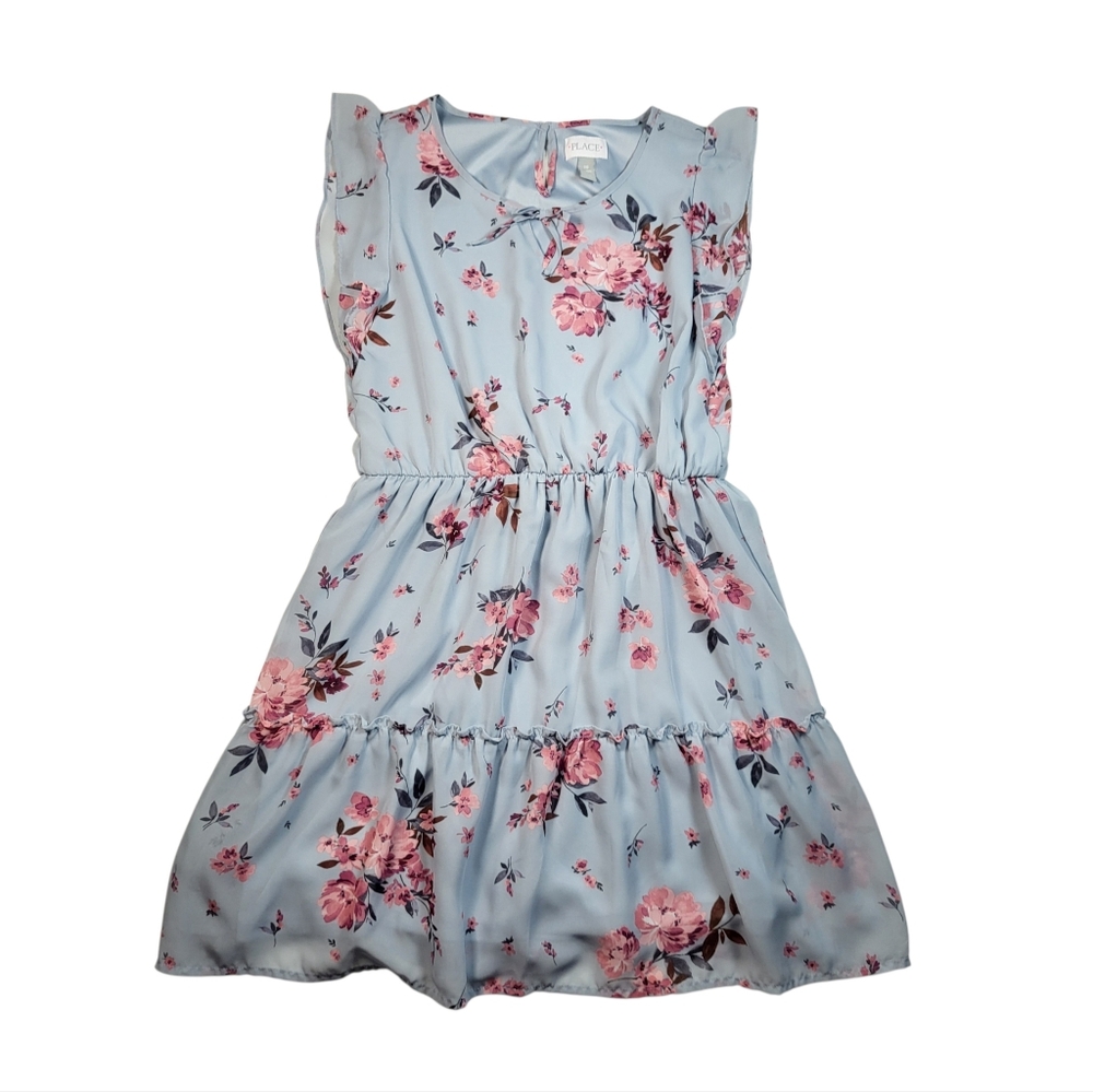 Children's Place Girl's Blue Flutter Sleeve Floral Tiered Dress - 16 XXL/TTG